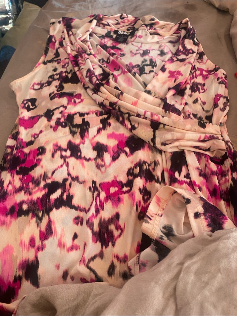 DKNY Pink and Cream Abstract Sleeveless Wrap Top